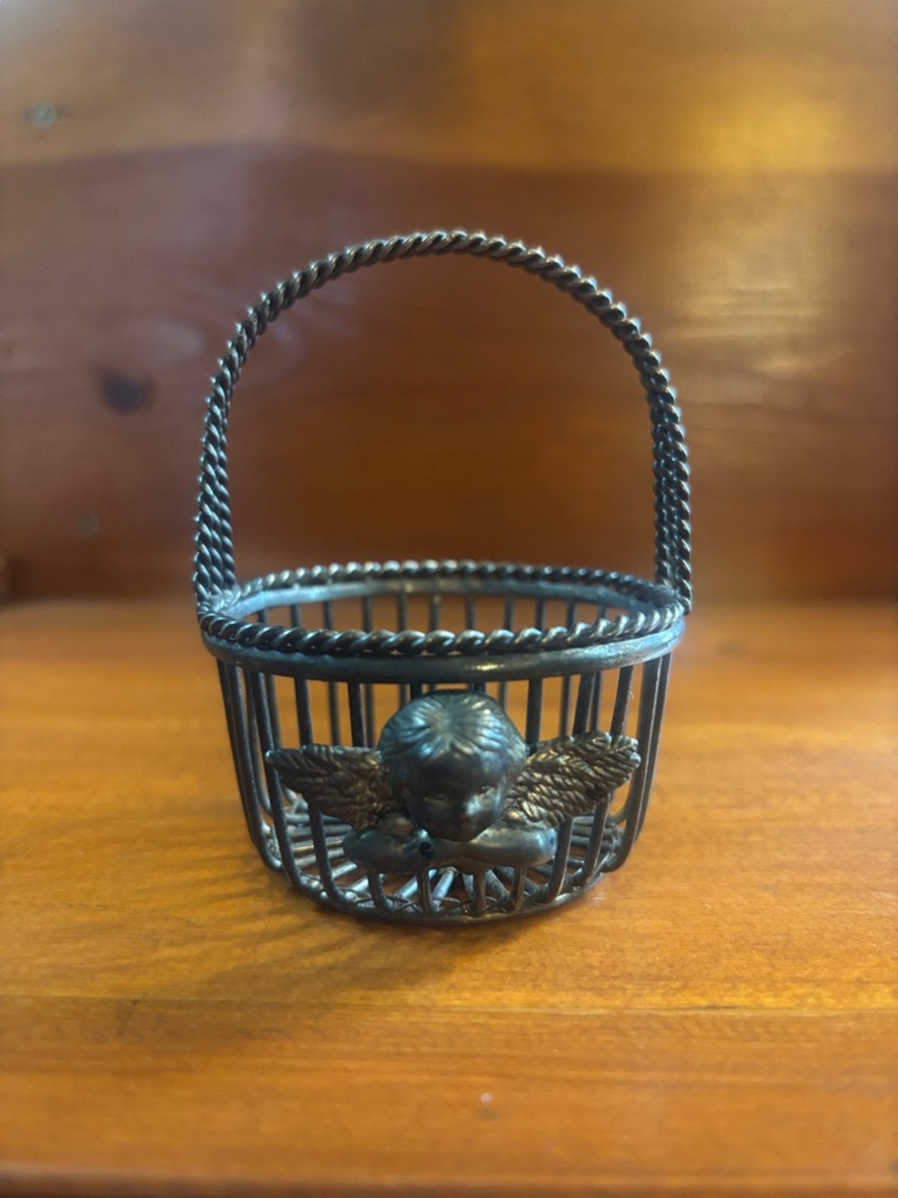 Vintage Miniature Metal Wire Basket with Cherub
